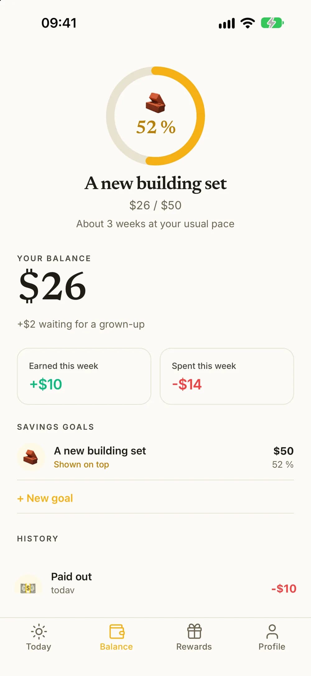 A savings goal ring 52% full, showing $26 of $50 and "About 3 weeks at your usual pace."