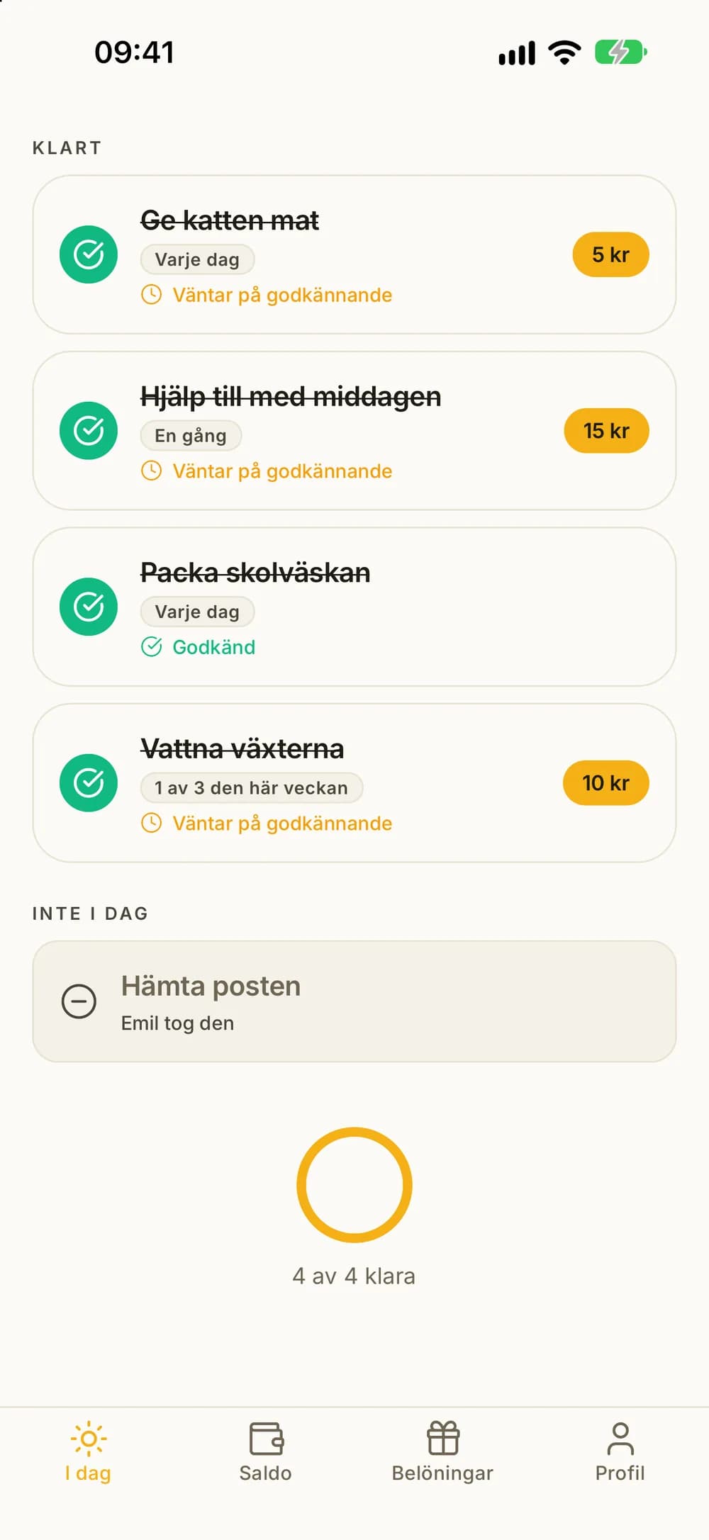 Barnets lista för i dag, där en gemensam syssla står under Inte i dag eftersom ett syskon tog den.