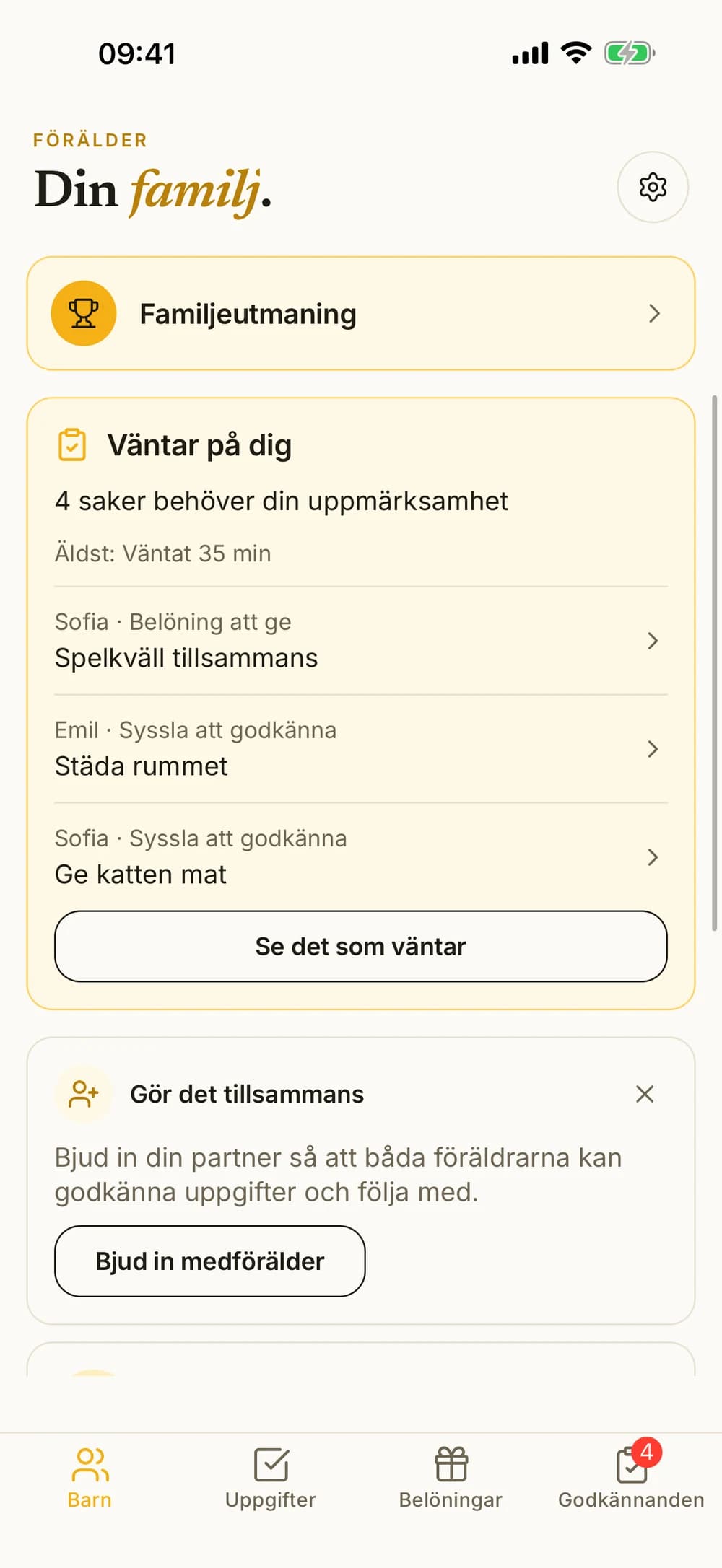 Förälderns översikt över Emil och Sofia och sysslor som väntar på godkännande.