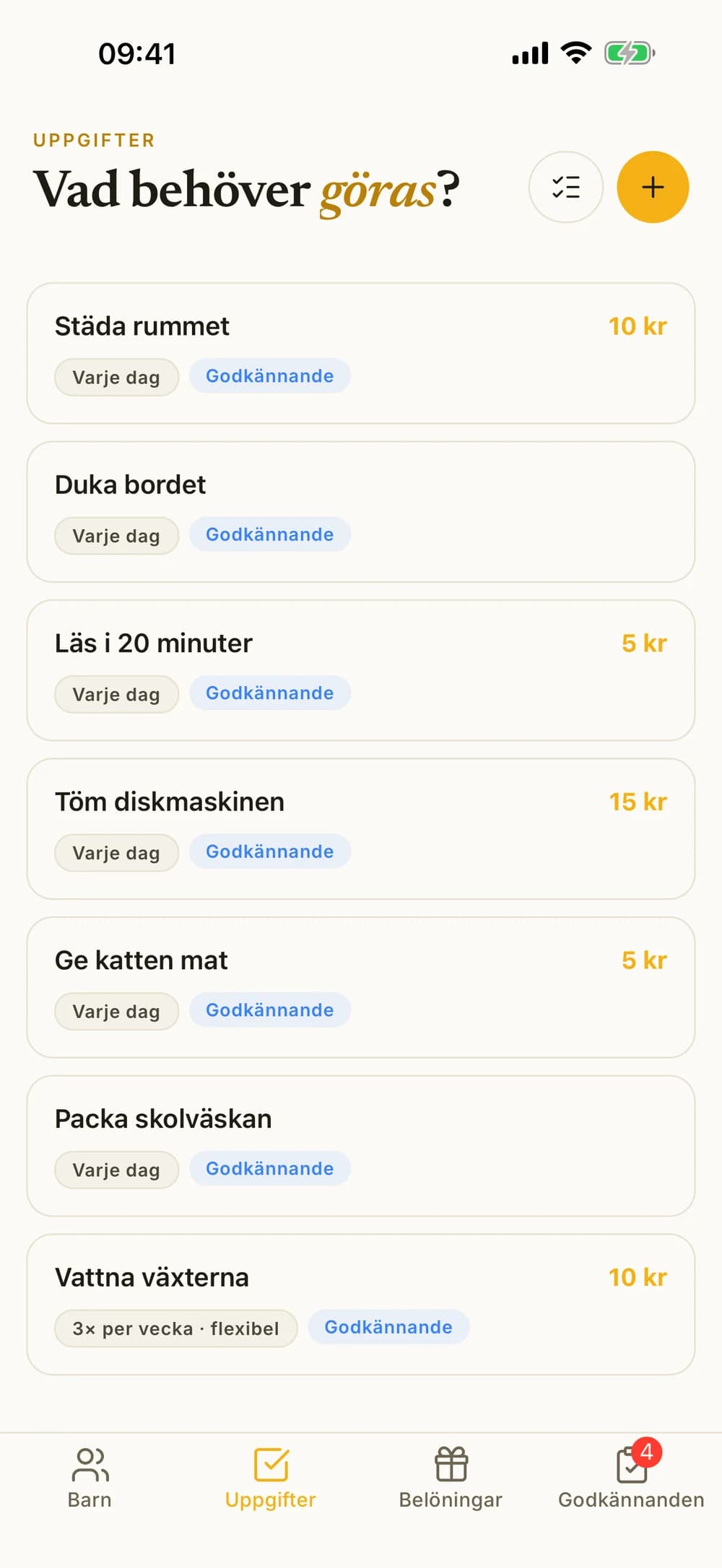 Listan med dagliga sysslor, med och utan betalning, och en flexibel syssla tre gånger i veckan.