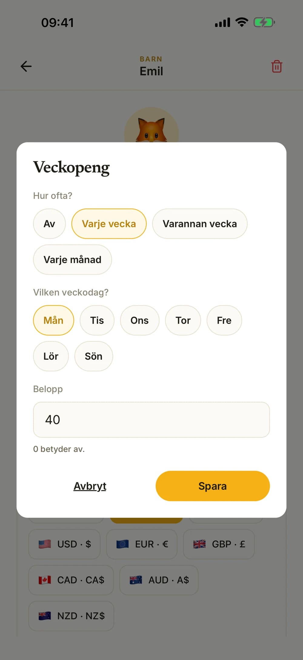Inställningar för veckopeng med belopp, intervall och veckodag.