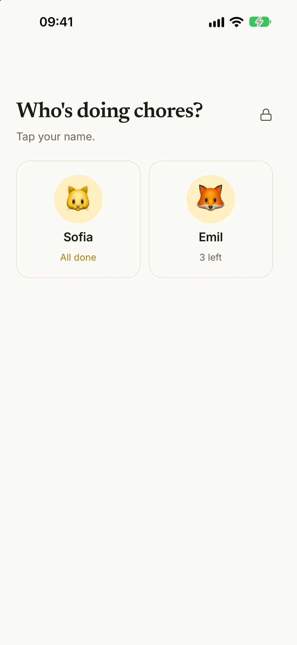 Who's doing chores? on a shared device: two kids, Sofia all done and Emil with three chores left