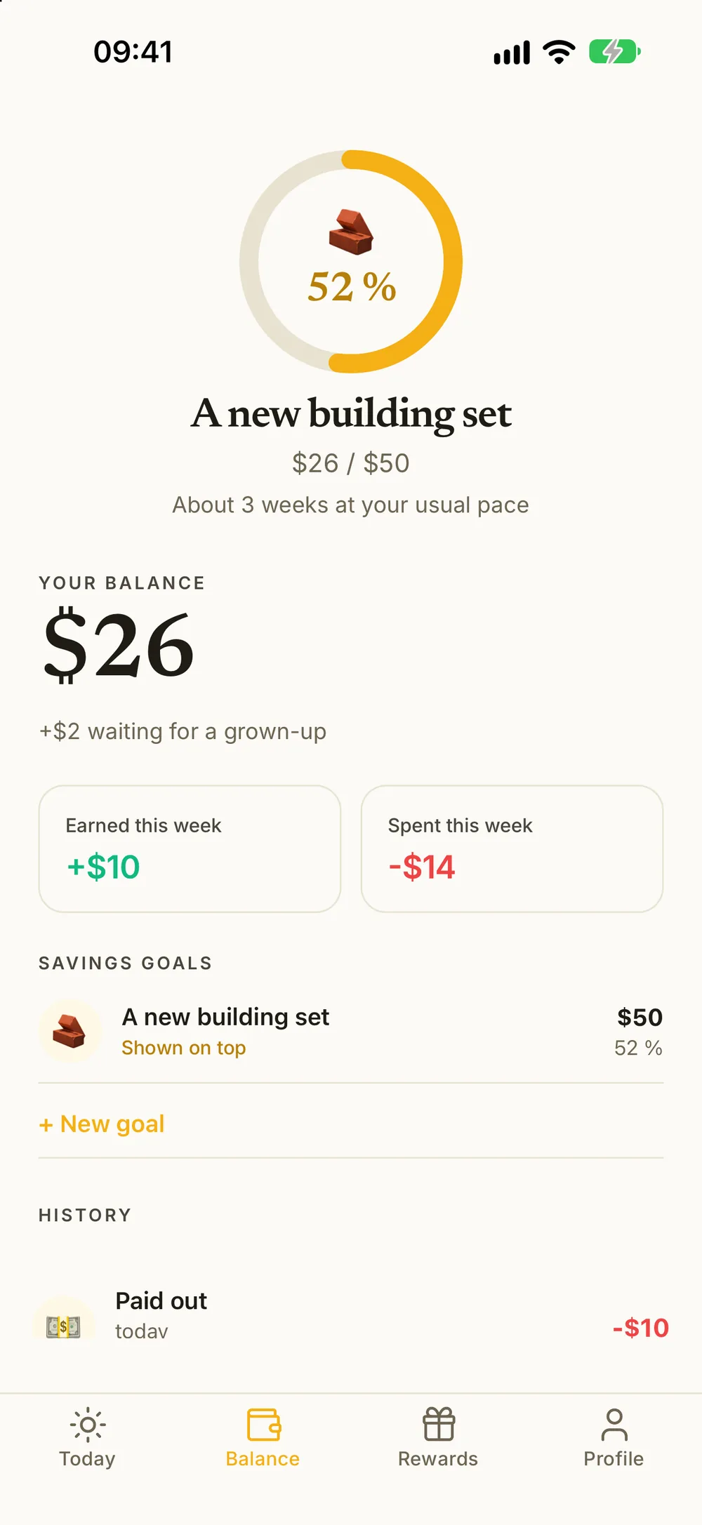 A child's balance with a savings goal on top, 52 percent full at $26 of $50, and about 3 weeks to go at their usual pace
